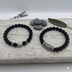Set of 2 Matte Black Onyx Buddha & Filigree Stretch Bead New Bracelets Men/Women